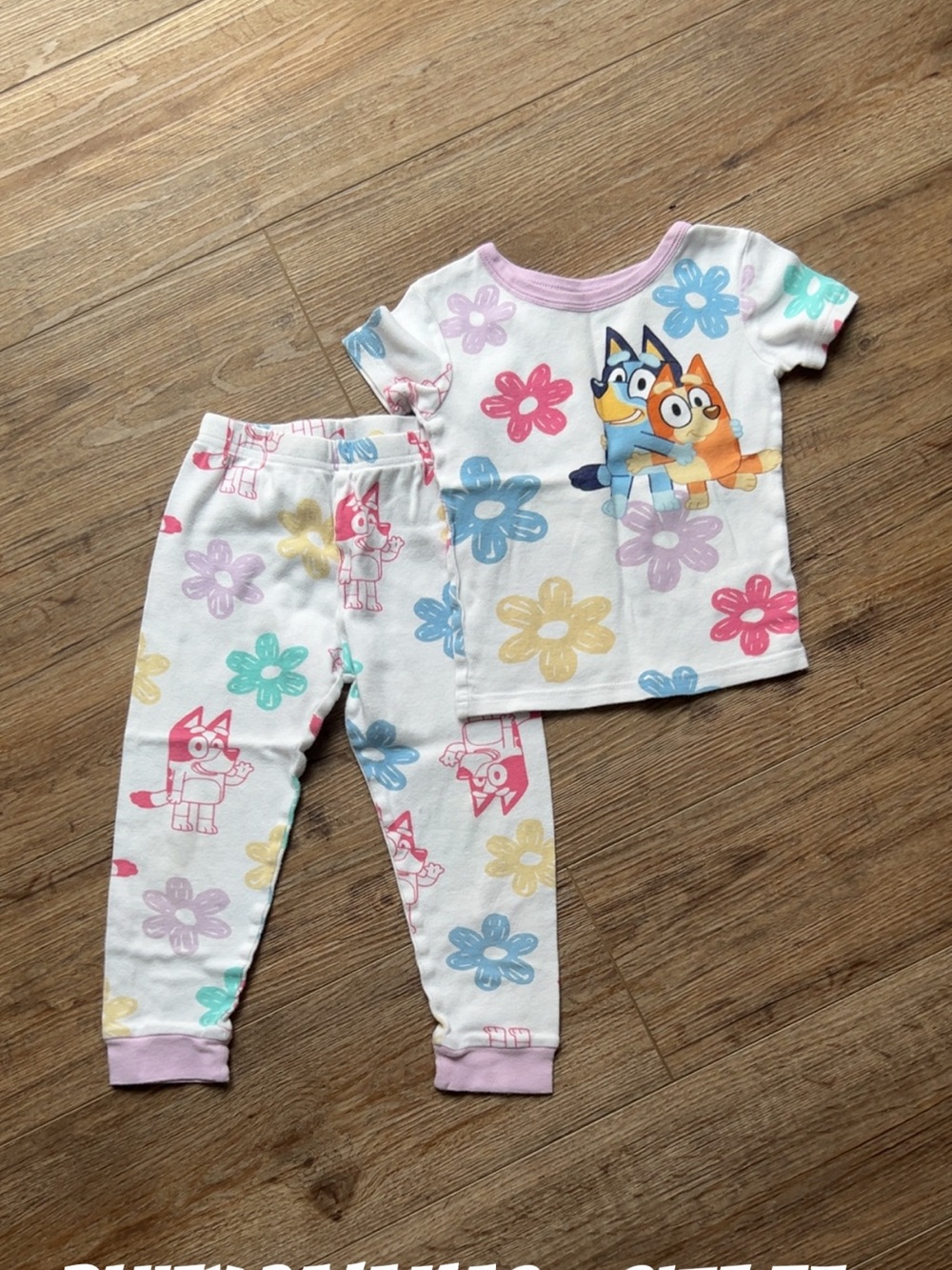 Girls' White Floral Character Pajama Set with Pink Trim